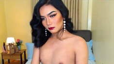 Asian shemale fucks flashlight on webcam show