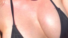 Busty curly brunette with big boobs fucks on couch