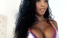 Busty curly brunette with big boobs fucks on couch