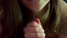 Big tit brunette sucks a big cock blowjob POV