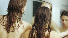 girls having fun on the bed and in shower
