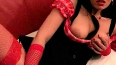 Pink labia close up of naive brunette