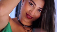 Sexy brunette babe with big cock jerking in solo