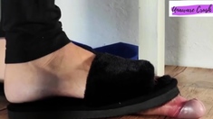 Lady S Black fluffy slippers, cock crush, while embroidering