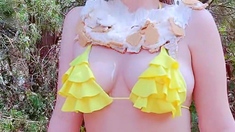 Lola Leda takes a MASSIVE Cream pie outdoors!!