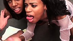 Two feisty ebony eye candies go down on a lucky guy's rigid fuck rod