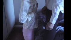 Skirt suit, satin blouse, panties, clothed cum on blouse